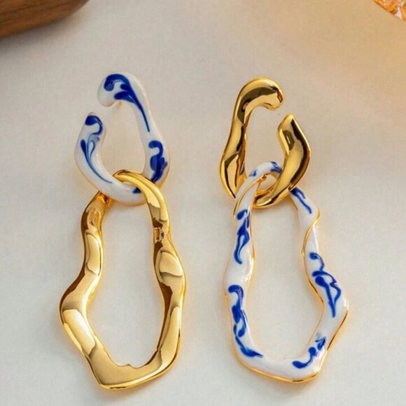 Blue And White Casual Women's Hollow Porcelain Earrings - Picture 1 of 3